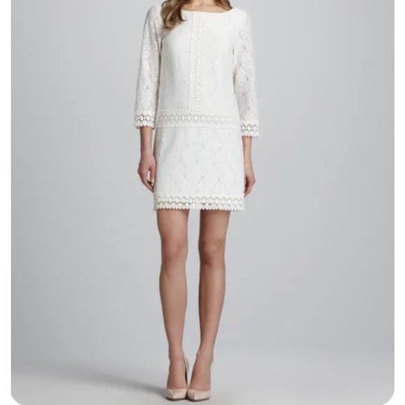 Laundry By Shelli Segal Jewel-Neck Lace 3/4 Sleeve Mini Dress White Size 4P $265 - Picture 1 of 12